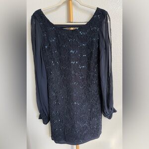 Betsy & Adam Navy Lace & Sequin Women's Dress w/open sheer sleeves size 10